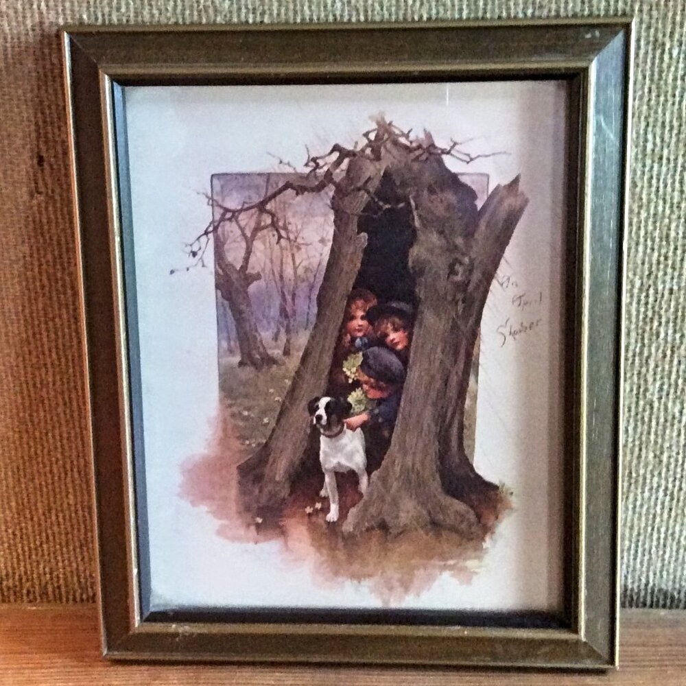 Vintage April Shower Children & Dog Print Framed Wall Art Rainy Day Decor